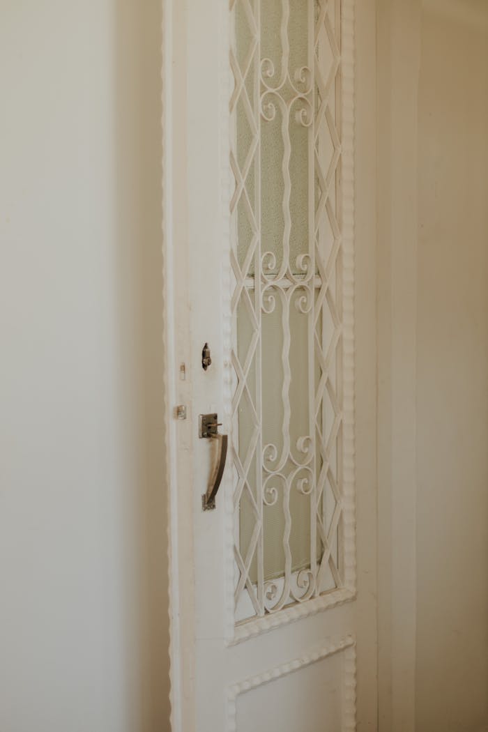 A beautifully crafted vintage white door with intricate ironwork, offering a touch of elegance.